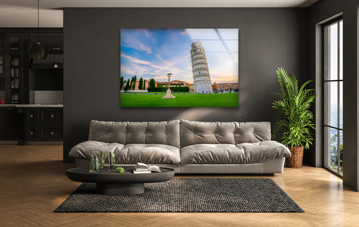 Schiefer Turm von Pisa, Glaswandkunst – Majestätische italienische Sonnenuntergangslandschaft