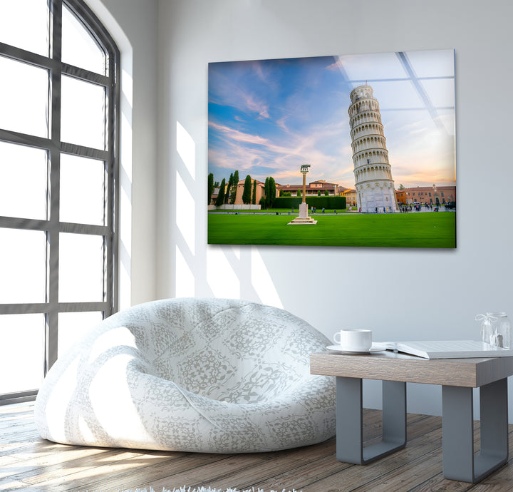 Schiefer Turm von Pisa, Glaswandkunst – Majestätische italienische Sonnenuntergangslandschaft