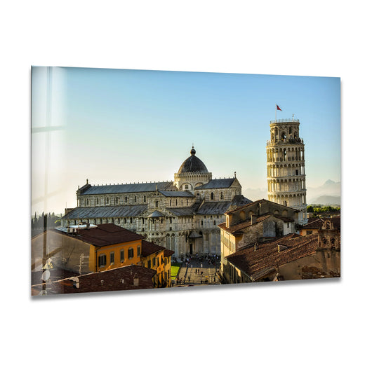 Bathed in the warmth of dawn, the brightest area highlights the Leaning Tower of Pisa and cathedral in this stunning glass printing showcasing iconic Italian architecture.