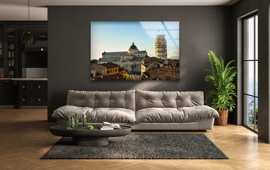 Displayed art from glass shows the cathedral and leaning tower, evoking organic textures against a solid architectural landscape in the iconic Pisa landmark.