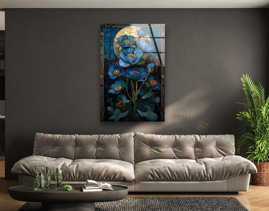 Visual rhythm is achieved in this Placid Moonlight Flower glass wall artwork through the stained-glass style pattern surrounding the bouquet.