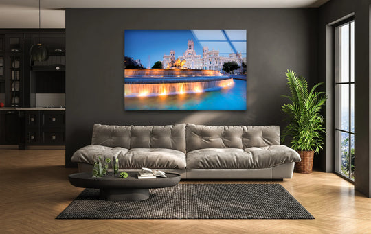 Featuring sleek edges and borders, this Cibeles Fountain at dusk glass art showcases Madrid’s iconic landmark with stunning architectural detail, making it a beautiful piece of glass art.