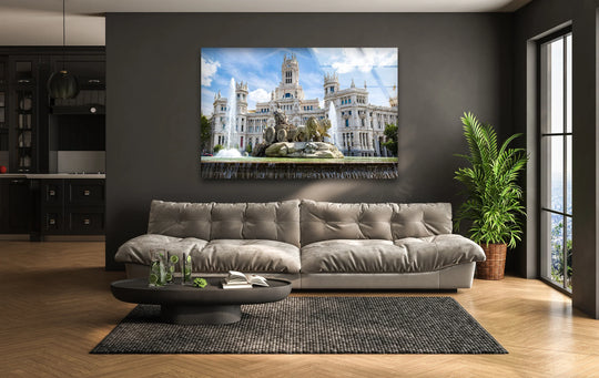 The gentle cascade of water softens the Cibeles Fountain in this glass wall art decor, highlighting Madrid's majestic landmark in daylight.