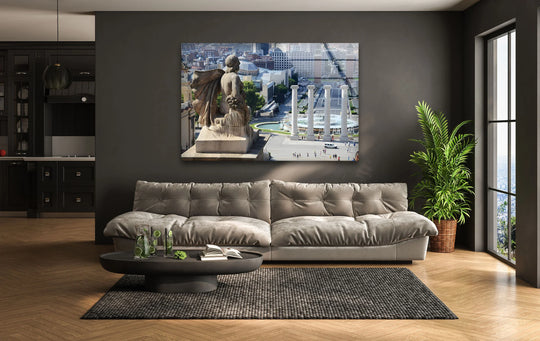 Gray best glass art showcases the Cibeles Fountain and a majestic view of Madrid’s iconic landmark, dominating the room's muted tones.