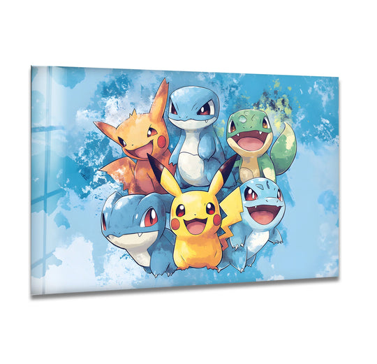 Showcasing an abstract interplay of color and form, this glass wall art decor features cartoon friends on a splattered blue backdrop, enhancing the vibrant depth.