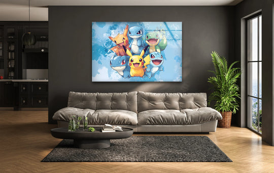 Blurry sky softly frames the joyful cartoon friends in this colorful tempered glass wall art, adding a whimsical touch to any room's decor.