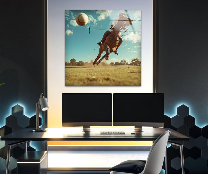 Polo Player on Horseback Glass Wall Art custom glass photo prints, large glass prints

