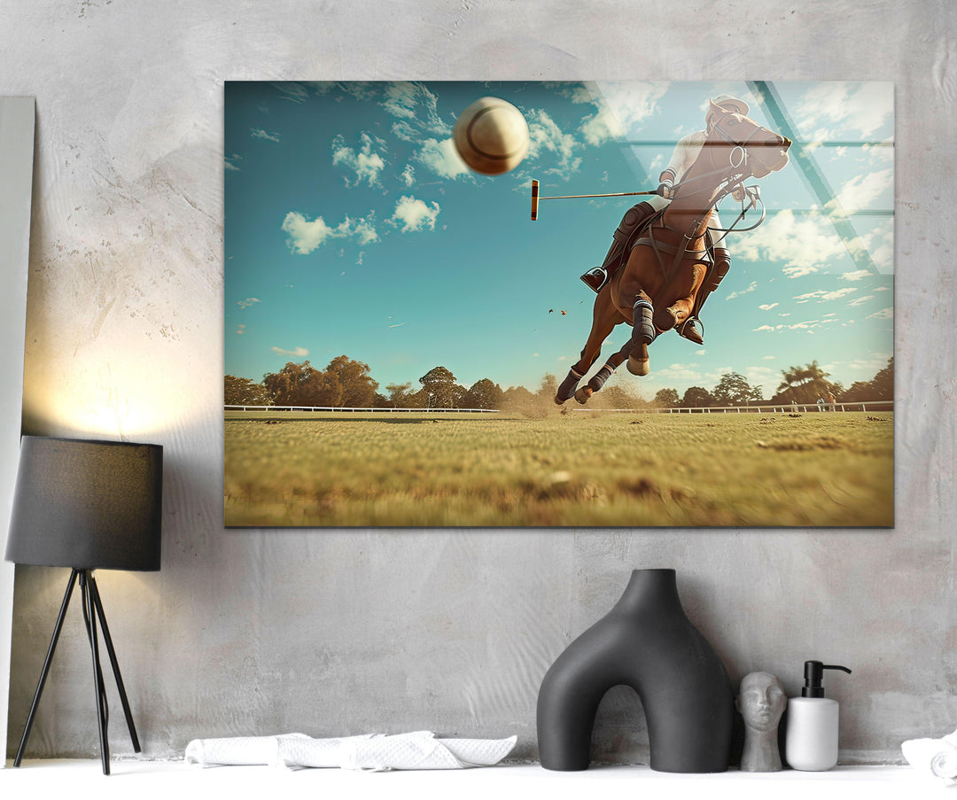 Polo Player on Horseback Glass Wall Art print picture on glass, Tempered Glass Wall Art
