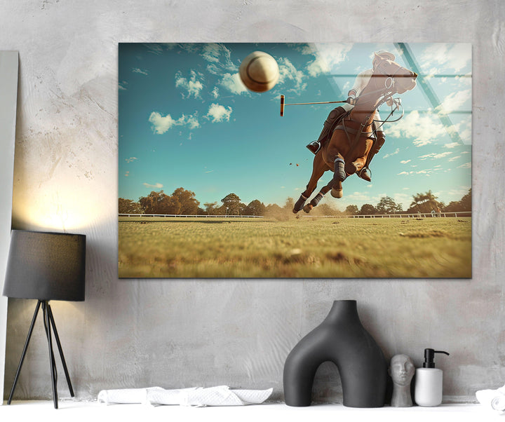 Polo Player on Horseback Glass Wall Art print picture on glass, Tempered Glass Wall Art
