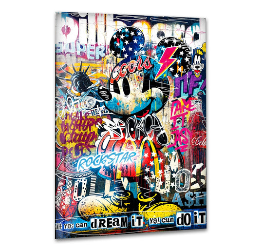 Energetic cartoon graffiti depicting Mickey Mouse as the focal point, rendered as a vibrant glass art painting with bold colors and inspirational quotes.