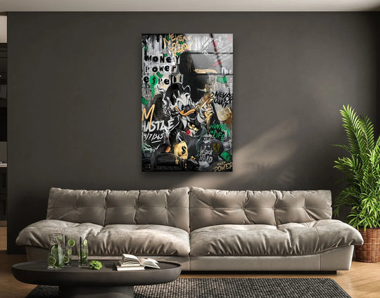 Softly diffused light enhances the captivating 'Money Power Respect' pop art glass wall prints, bringing a luxurious, urban vibe to modern interiors.