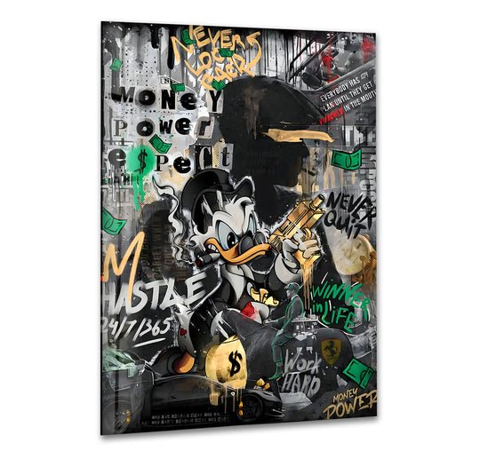 Gleaming with light, the brightest area highlights the 'Money Power Respect' pop art hanging wall art, a dynamic urban glass wall art piece.
