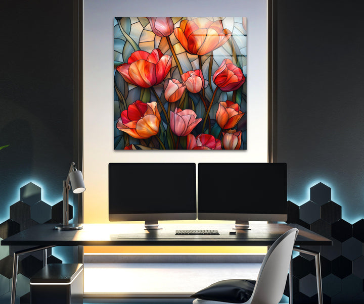 Stained Red Tulips Glass Wall Art, photo print on glass, prints on glass wall art