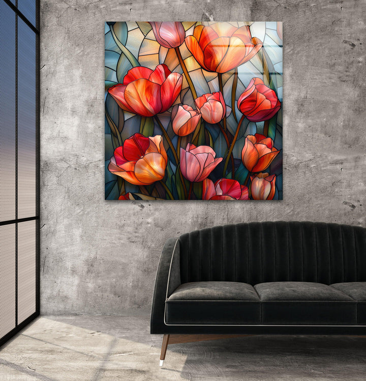 Stained Red Tulips Glass Wall Art, glass pictures for Wall, glass prints wall art