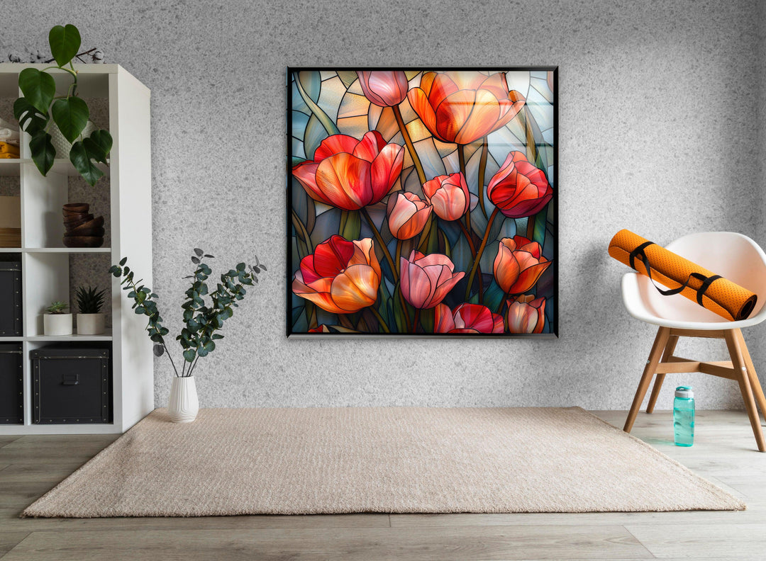 Stained Red Tulips Glass Wall Art, custom glass pictures, glass art prints