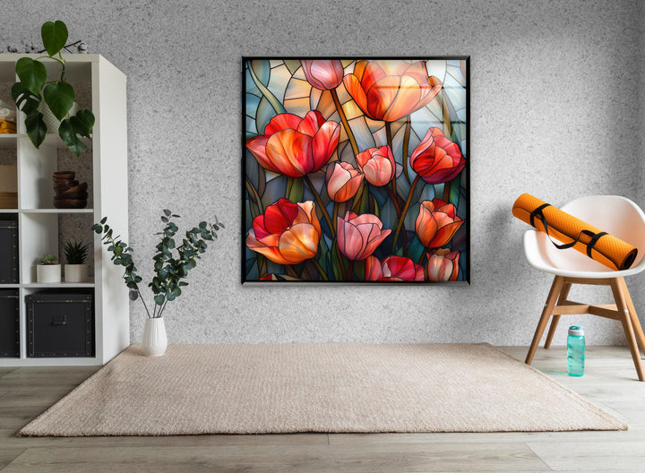 Stained Red Tulips Glass Wall Art, custom glass pictures, glass art prints