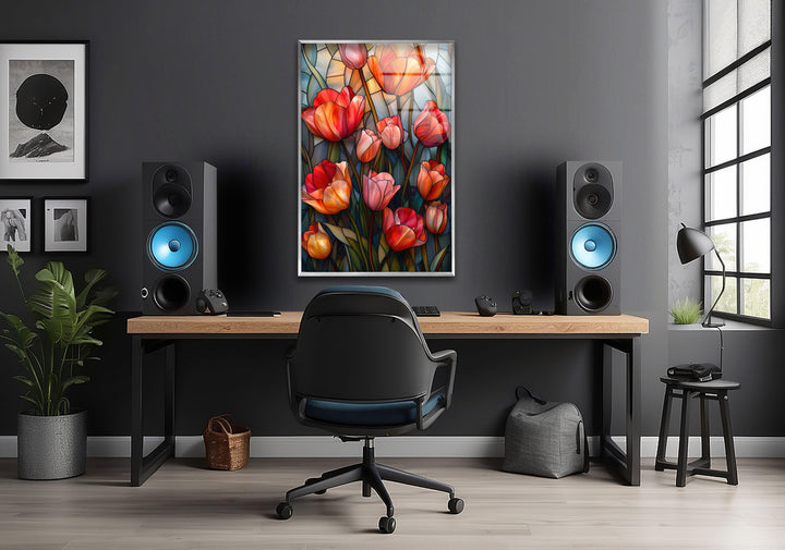 Stained Red Tulips Glass Wall Art, large glass photo prints, glass wall photos