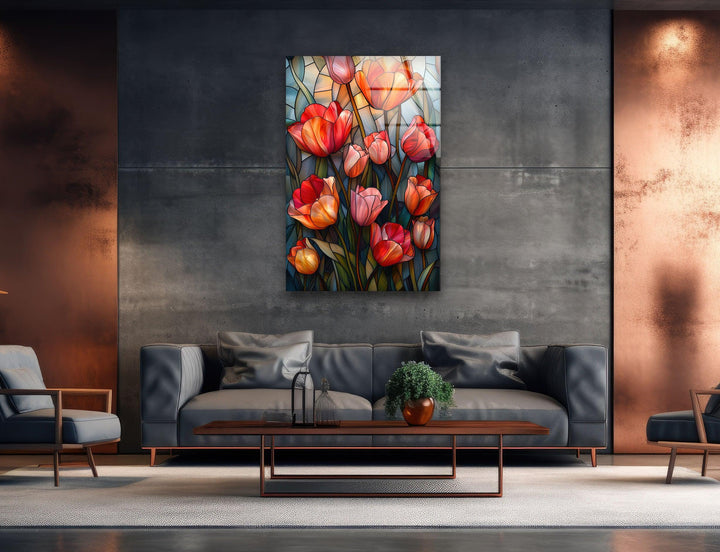 Stained Red Tulips Glass Wall Art, custom glass photo prints, large glass prints