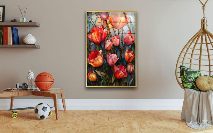 Stained Red Tulips Glass Wall Art, glass photo prints, glass picture prints