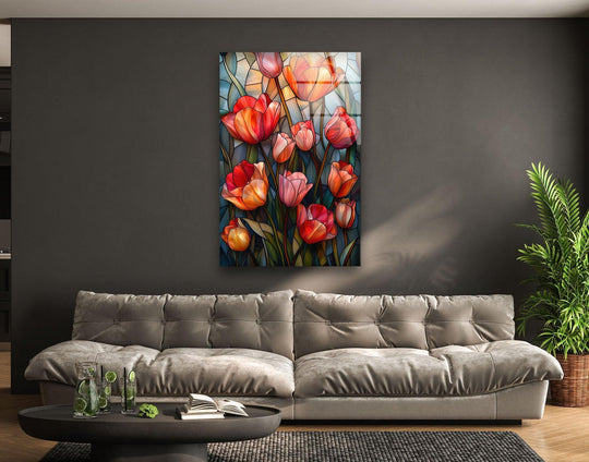 The realistic detail captures the fine lines and vibrant hues of the stained red tulips glass wall art, adding charm to modern home decor.