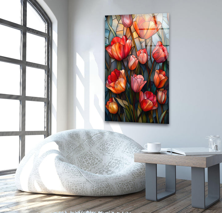 Stained Red Tulips Glass Wall Art, glass image printing, glass prints from photos