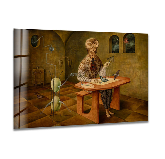 A horizontal rectangle of famous paintings glass wall art depicts a surreal scene with an owl-like creature painting in a room.