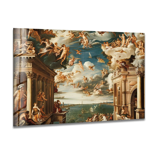 Glass wall art showcasing celestial beings bathed in golden light against dramatic sky shadows, echoing Renaissance art style.