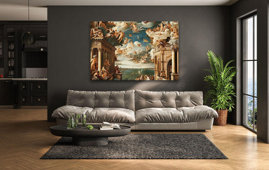 Canvas wall art displays a celestial scene with classical architectural borders and a flowing seascape edge.