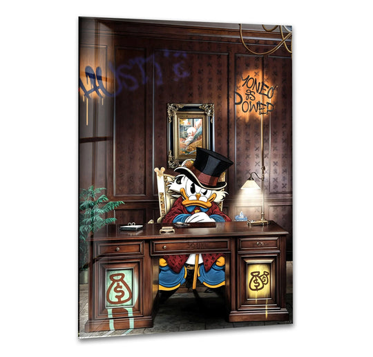 Showcasing the realistic detail of the 'Rich Duck Glass Wall Art,' this unique modern wall decor piece features the meticulously rendered Scrooge McDuck in his office with graffiti-style accents.