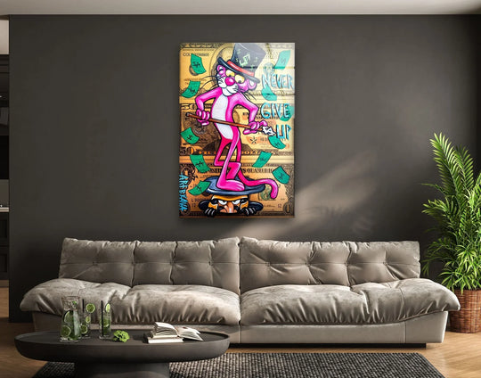Featuring a predominantly cool color temperature, this 'Never Give Up' street pop glass wall art with home decoration elements adds vibrancy with a money hustle theme.