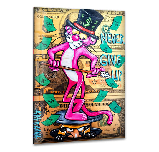 Examining the realistic detail, this best glass art features a vibrant pop art design of the Pink Panther in a top hat surrounded by money and graffiti-style lettering.