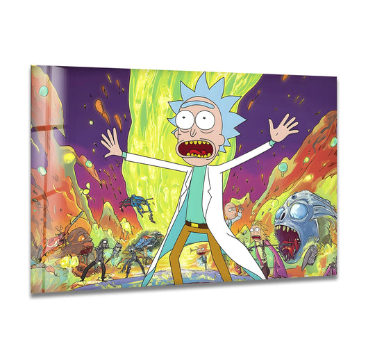 Shocked Rick, with wide eyes and mouth agape, takes center stage in this colorful cartoon mad scientist abstract scene, capturing the loudest element of the print wall art.