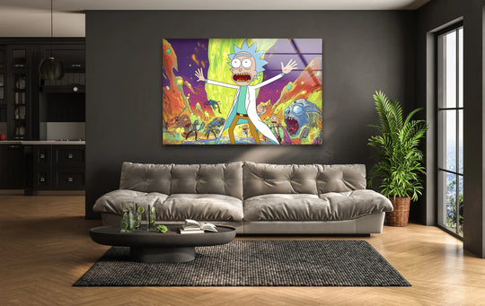 The brightest area showcases the lively mad scientist character, highlighting this vibrant decorative wall art featuring an abstract chaos scene printed on glass.