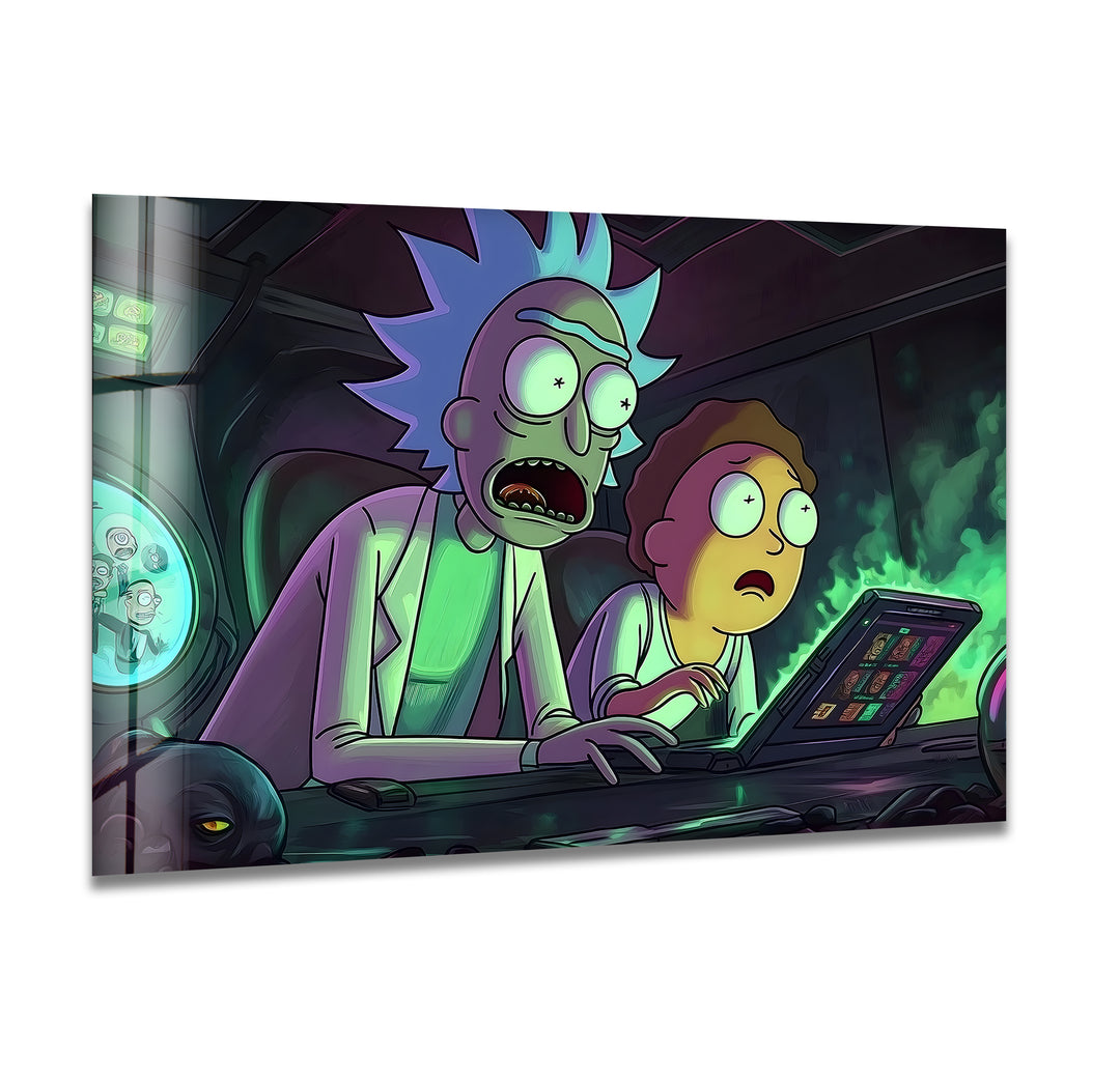 Rick and Morty In Their High-Tech Garage Glass Wall Art print picture on glass, Tempered Glass Wall Art
