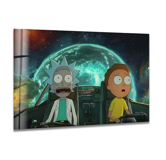 Seamlessly blending vibrant nebulae with a turquoise planet, this cartoon duo's spaceship scene is a stunning example of glass wall art decor.
