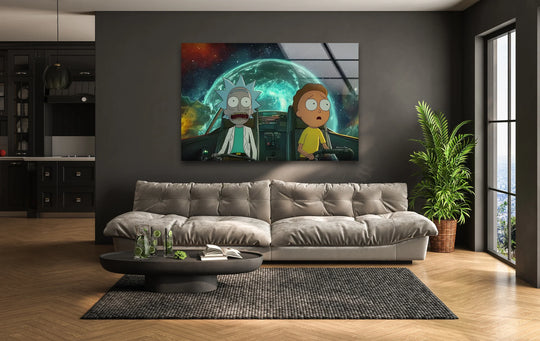 The stillness of the moment captured in this glass wall art presents a cartoon sci-fi duo amidst a spaceship scene, offering a piece of unique modern wall decor.