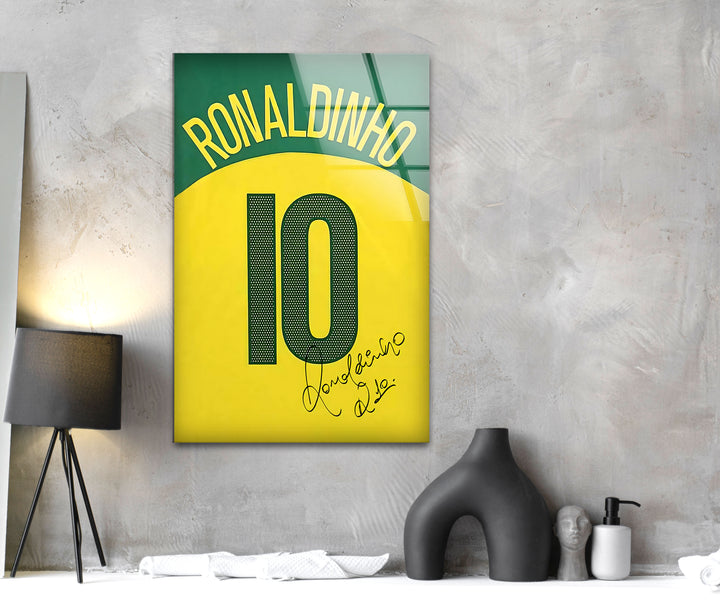 Ronaldinho Jersey Glass Wall Art picture on glass wall art, photos printed on glass
