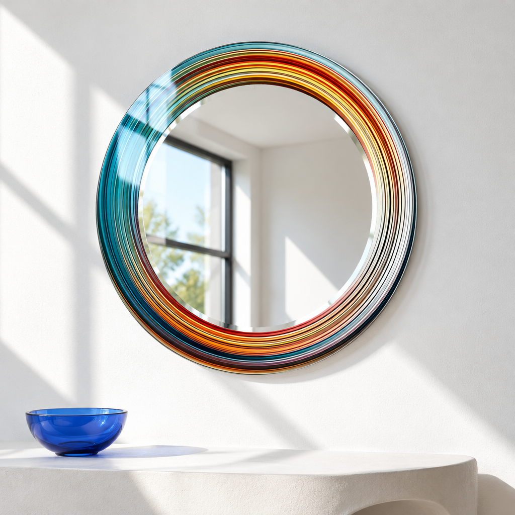 Blau &amp; Orange Abstrakt Rund Wandspiegel 
