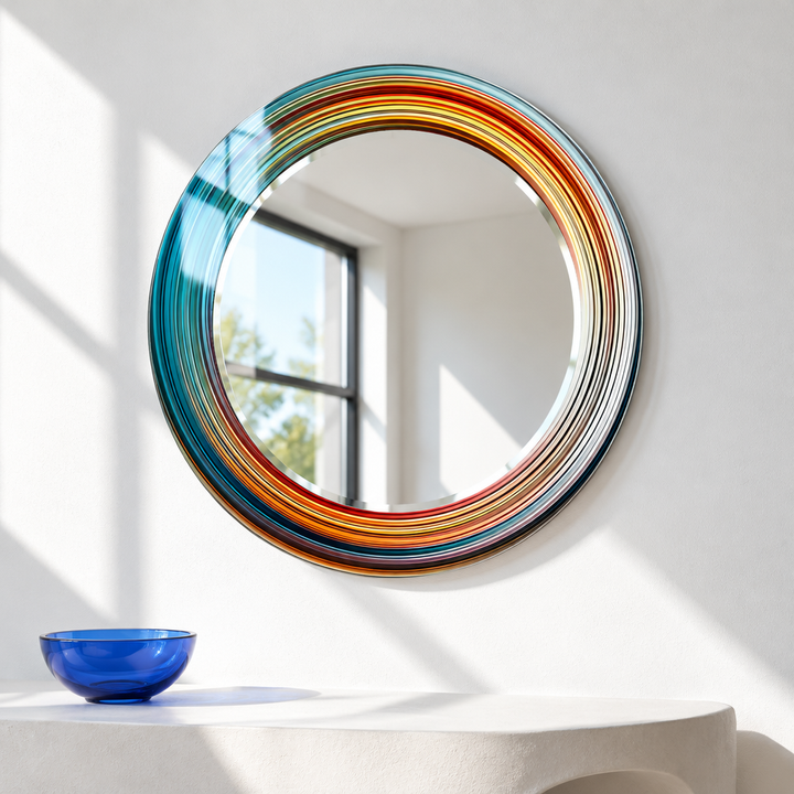 Blau &amp; Orange Abstrakt Rund Wandspiegel 