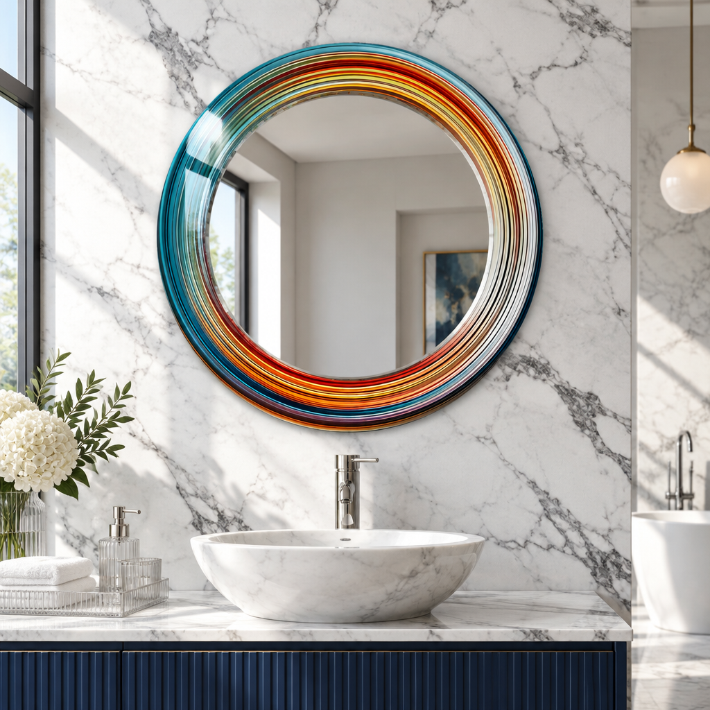 Blau &amp; Orange Abstrakt Rund Wandspiegel 