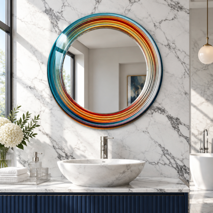Blau &amp; Orange Abstrakt Rund Wandspiegel 