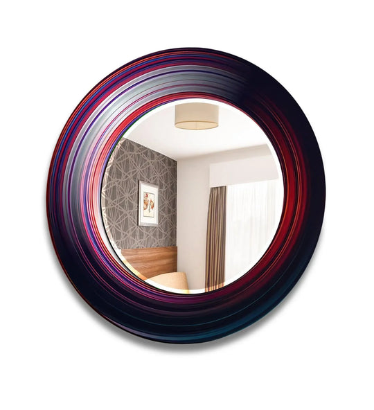 Red Silver Round Wall Mirror with an abstract design and a multicolored frame in red silver purple and dark blue tones reflecting a room