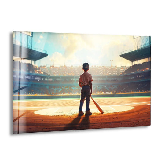 Batting in the golden glow, a young baseball player stands bathed in dramatic light and shadow on the field, a striking piece of hanging wall art.