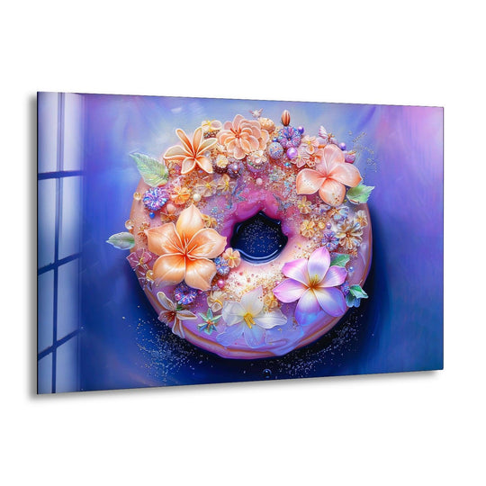 A donut adorned with colorful flowers is showcased on this glass wall art decor, featuring subtle border reflections.