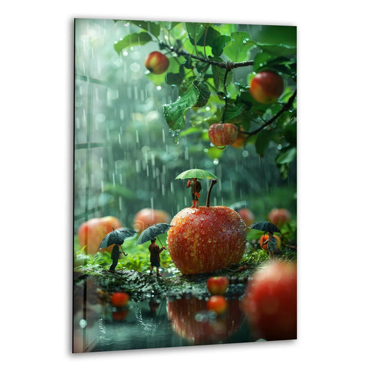 A miniature scene of people with umbrellas standing on giant apples in a tranquil, rainy orchard, captured in glass art.