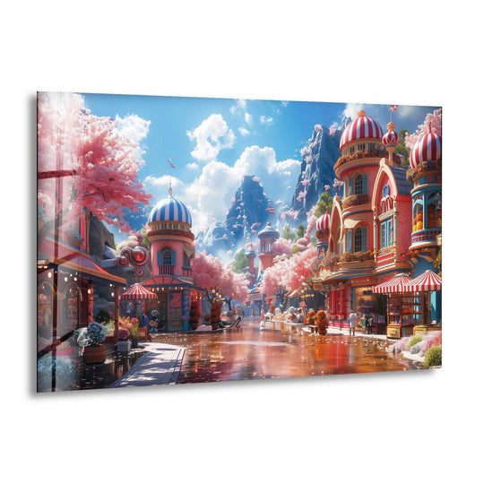 Pink hues dominate the Candyworld glass wall art, offering unique modern wall decor with charming buildings and a whimsical city print.