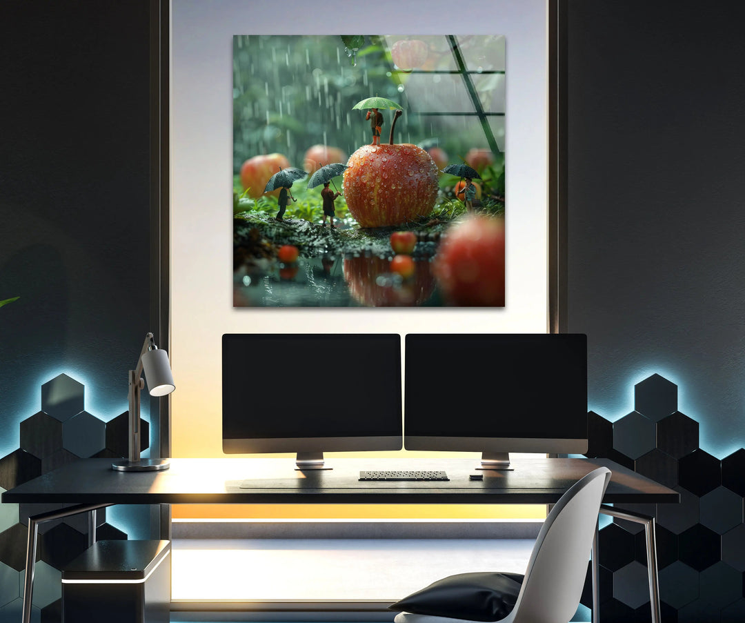Glaswandkunst „Riesige Äpfel und kleine Völker“