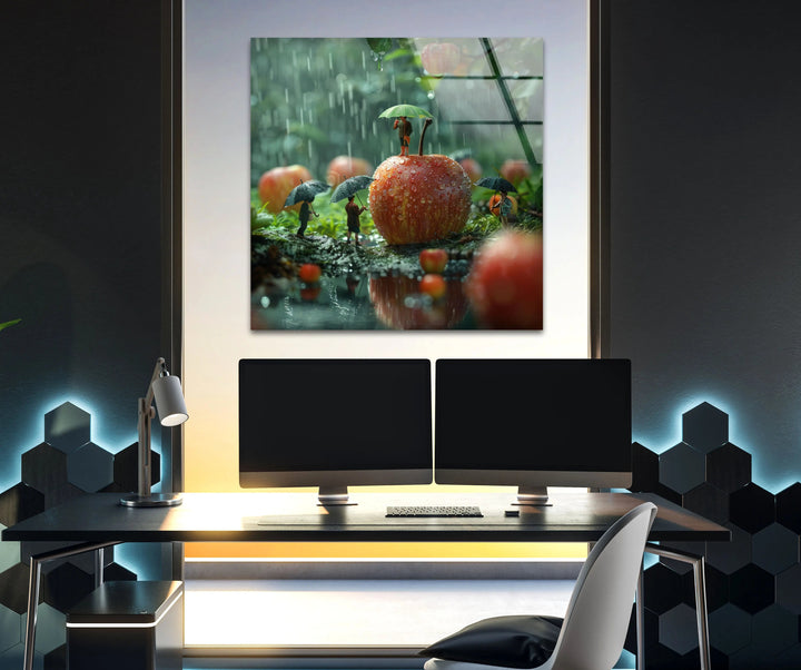 Glaswandkunst „Riesige Äpfel und kleine Völker“
