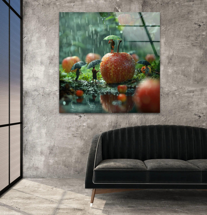 Glaswandkunst „Riesige Äpfel und kleine Völker“