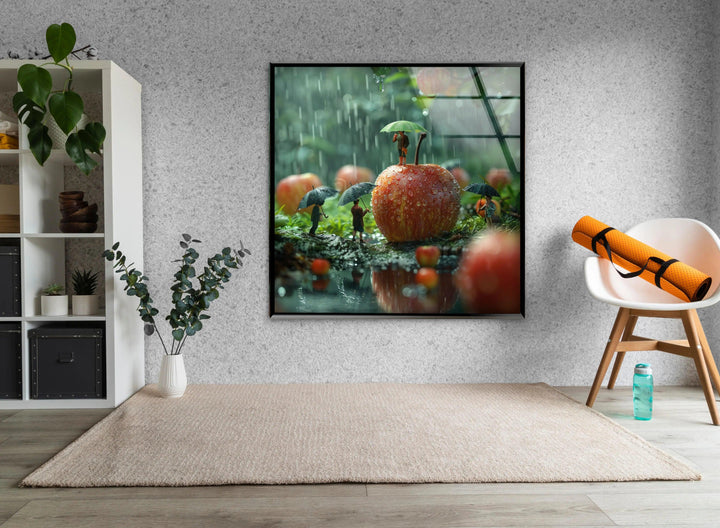 Glaswandkunst „Riesige Äpfel und kleine Völker“